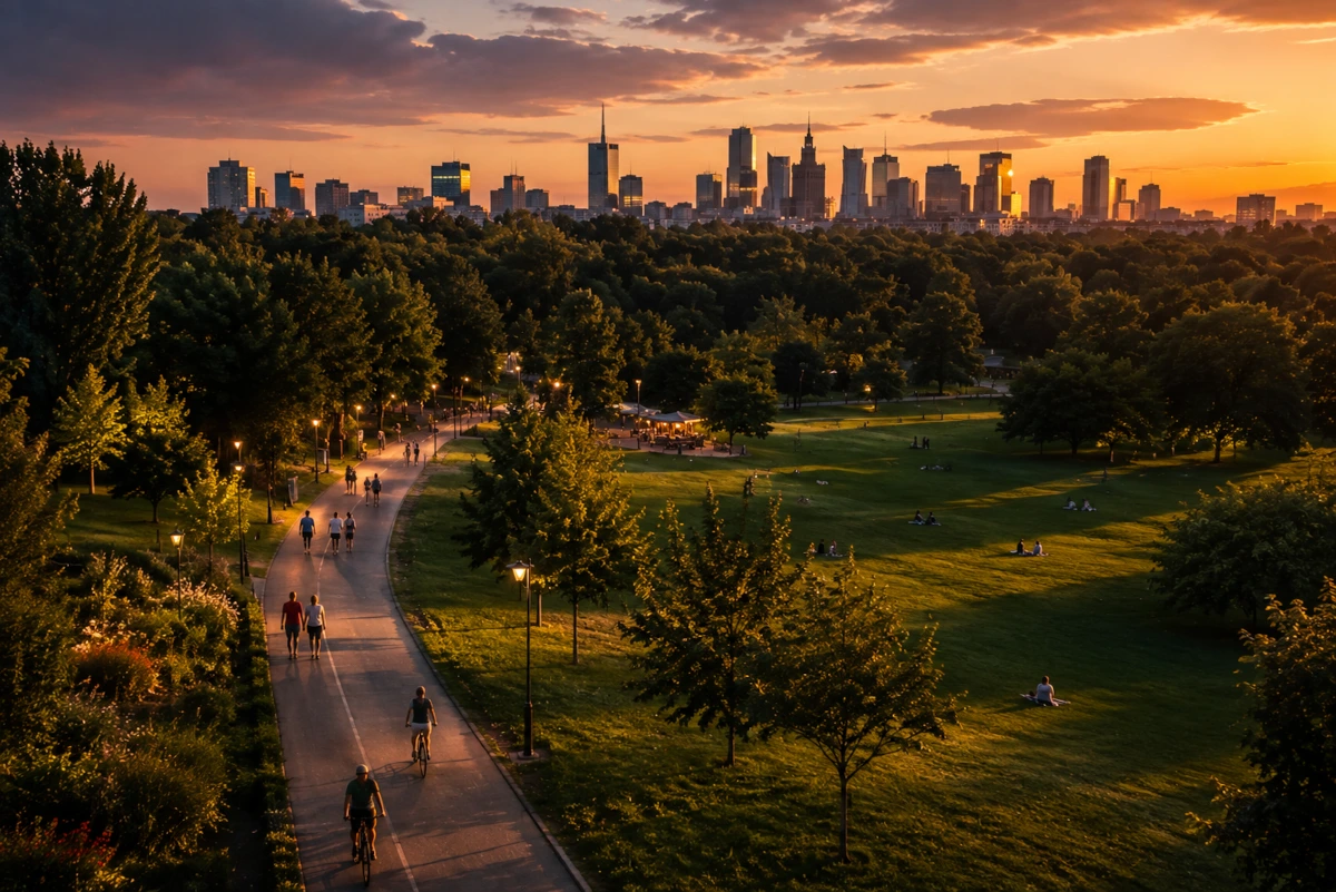 Pole Mokotowskie park at sunset with the Warsaw skyline, people walking and cycling