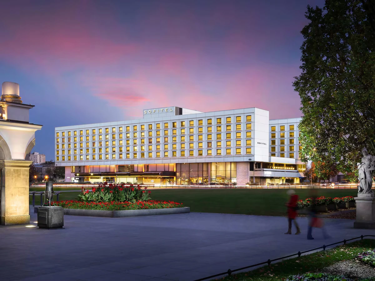 Sofitel Warsaw Victoria exterior at dusk